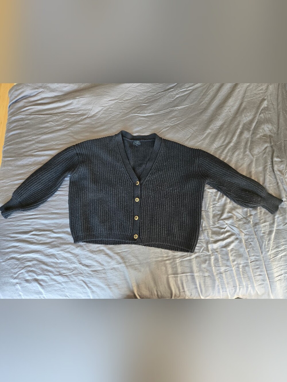 Classic Black Ribbed V-Neck Cardigan with Golden Rimmed Buttons